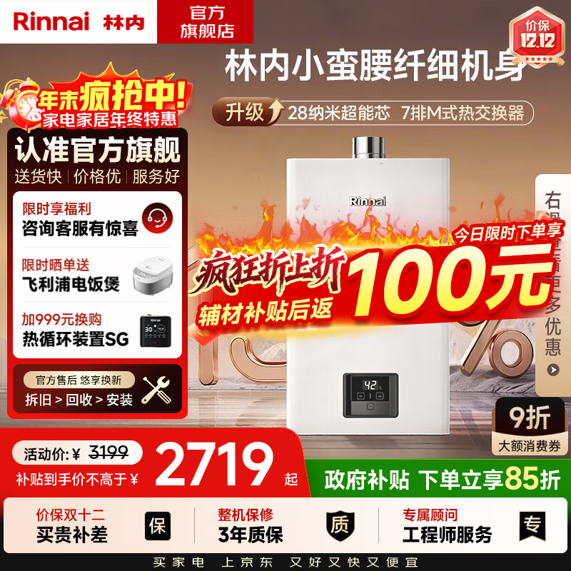 林内（Rinnai）【国家补贴立减15%】【小蛮腰】 燃气热水器天然气16升 恒温轻音 纤巧机身 16GD31 以旧换新 16L 【升级燃烧器 进口CPU】