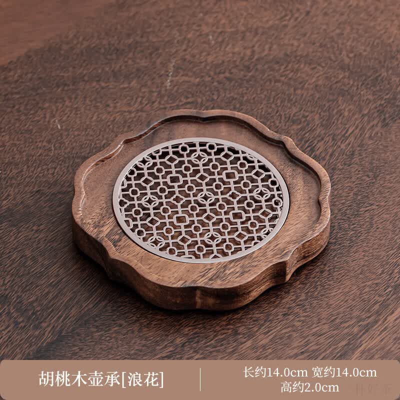 希格鲨北美黑胡桃木家用壶承小型茶盘紫砂壶垫茶托干泡台高端实木储水式 升级版整块胡桃木壶承-浪花