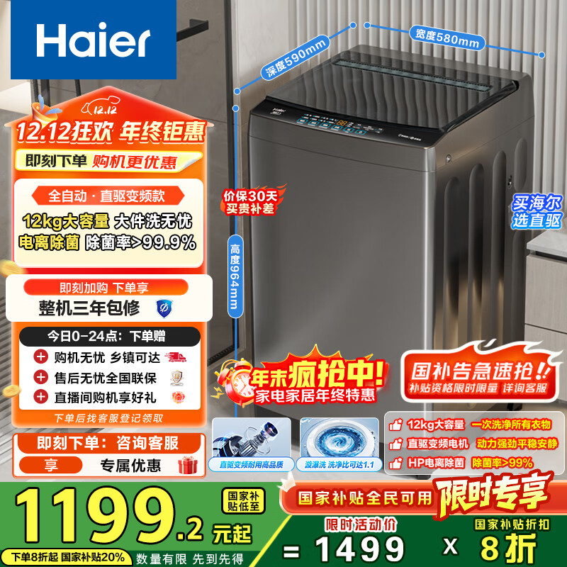 海尔（Haier）波轮洗衣机全自动12KG大容量京东自营家电国家补贴以旧换新直驱变频一级能效出租房EB120B53Mate1