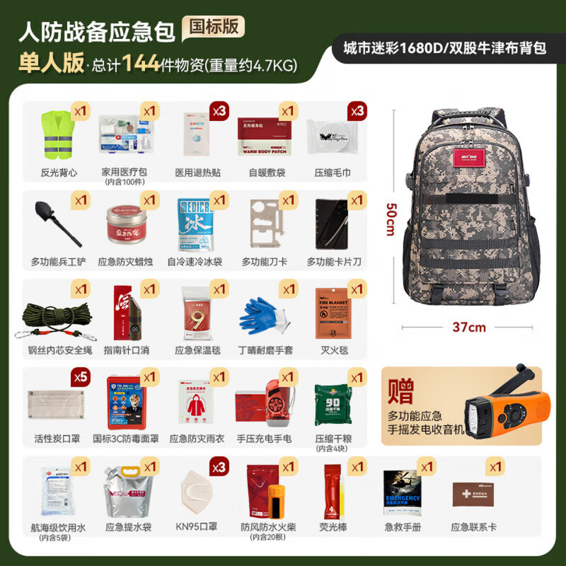 LUCYLEE人防战备新国标家用防灾应急救援包应急物储备物资全套国家标准 【单人版】城市迷彩背包-144件 有效应对9大突发灾难