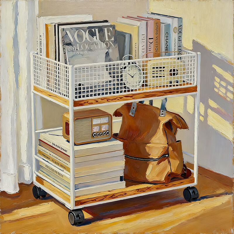 尔思家书桌旁可移动书架带轮小推车桌下置物架落地收纳架办公室储物柜 白色【原木板】-带轮