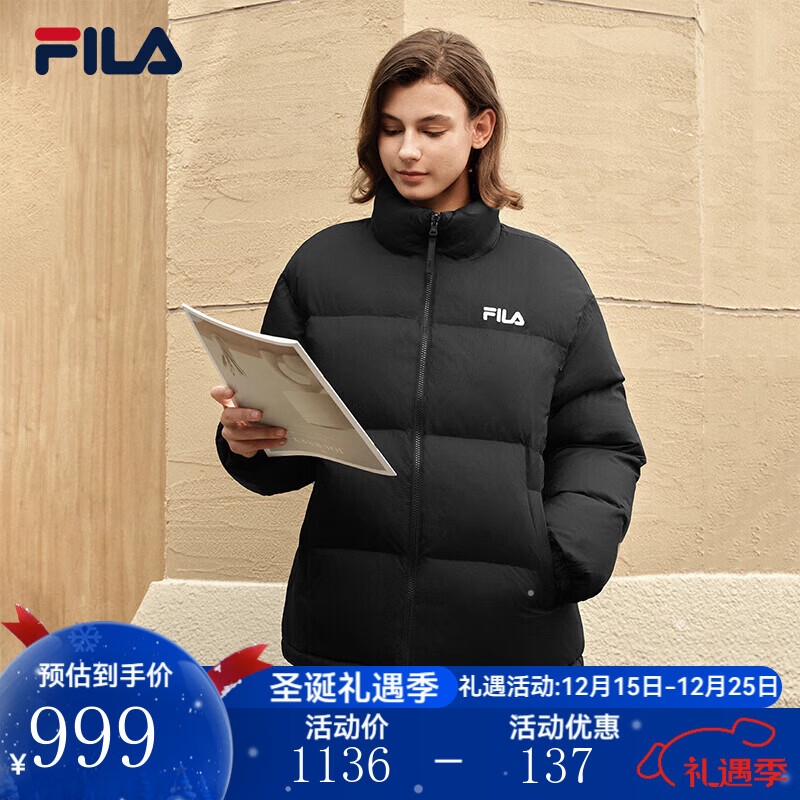 FILA 斐乐官方情侣款羽绒服2025冬季新款防泼水防污渍两面穿立领外套 正黑色-BK L 175/96A/L