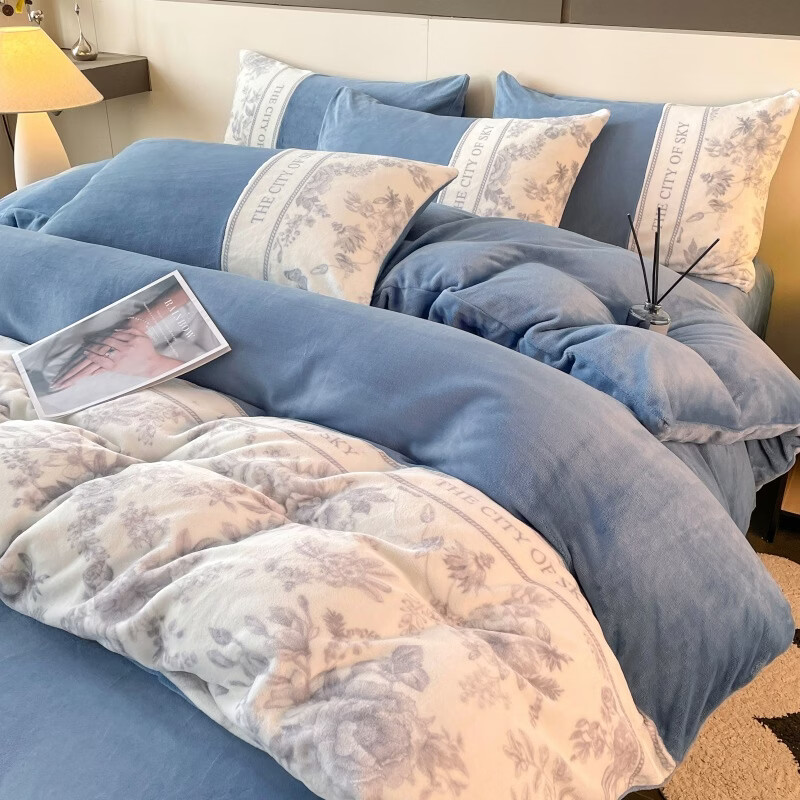 VJE冬季高克重牛奶绒四件套数码印花珊瑚绒床单被套加绒三件套床品 花园里-宾利蓝 三件套1.2m 床单款 （被套150*200cm）