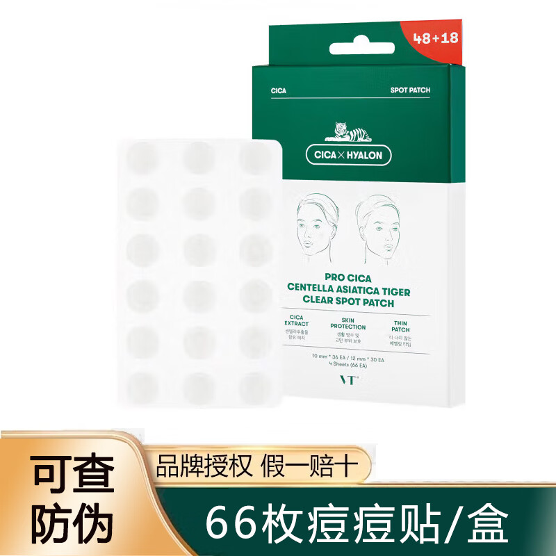 VT 韩国VT老虎痘痘贴CICA隐形祛痘修复祛粉刺闭口青春痘痘印急救 1盒 2片 共66枚