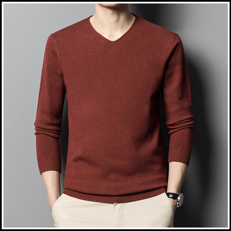大朗高档男士针织打底衫商务低v领毛衣男衫内搭毛衫秋季上衣服 棕红色