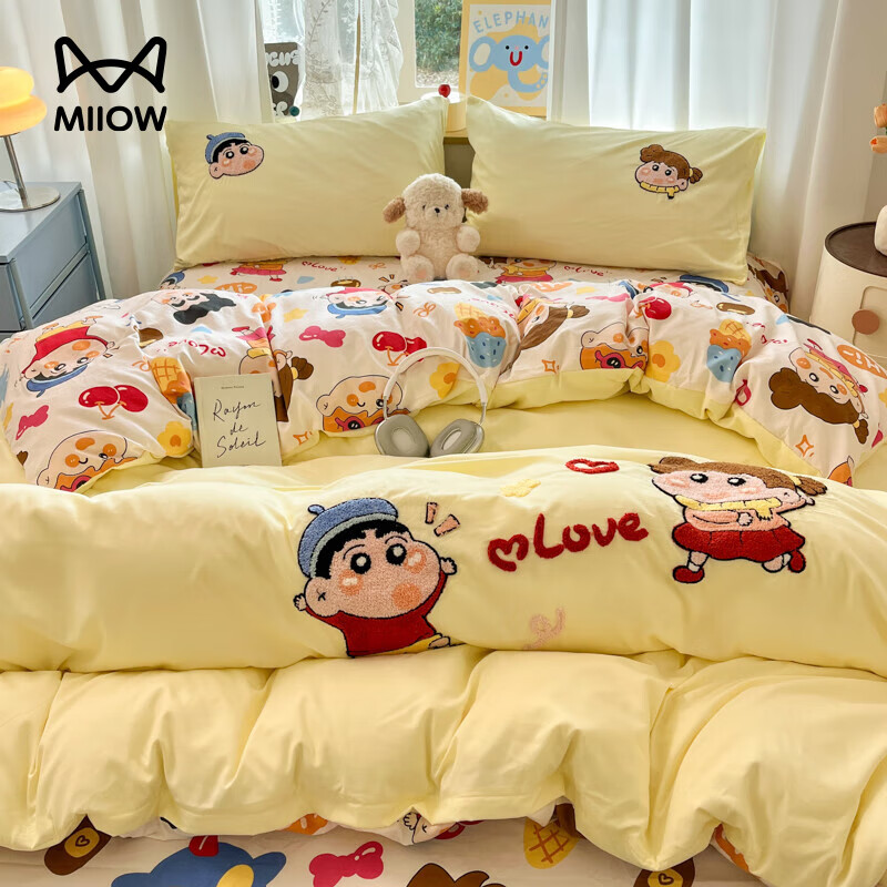 猫人（MiiOW）床上四件套2025新款宿舍单人床品床单被罩三件套四季通用卡通 小新的爱情【超柔亲肤面料 柔软细腻】 床笠款 1.8m床四件套-适合200x230cm