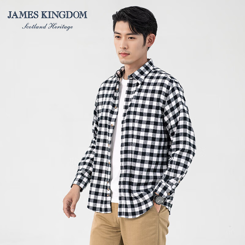 JAMES KINGDOM【野文专属】法兰绒长袖男衬衫磨毛格子休闲衬衣外套BA185A274 橘蓝BA185A274AH L