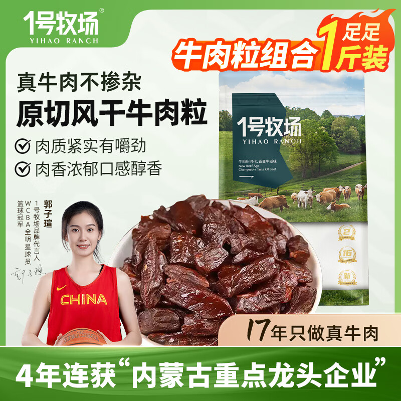 一号牧场 风干牛肉粒 内蒙古特产500g 约7成干肉干肉脯 休闲零食散装称重  【原味】风干牛肉粒250g*2袋