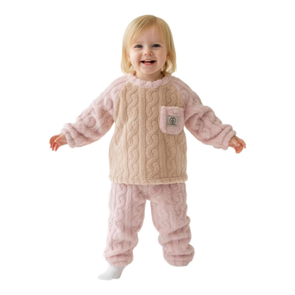 小猪大卫 PECODAVID秋冬宝宝居家服男女儿童可爱珊瑚绒圆领分体保暖套装2件套 粉色小猪标 90 版型宽松，按正常尺码拍