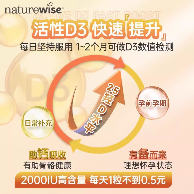 naturewise维生素d3阳光瓶成人男女备孕中老年补钙促钙吸收活性vd3维他命d 【90粒小包装】2000IU维生素D3 90粒*1瓶