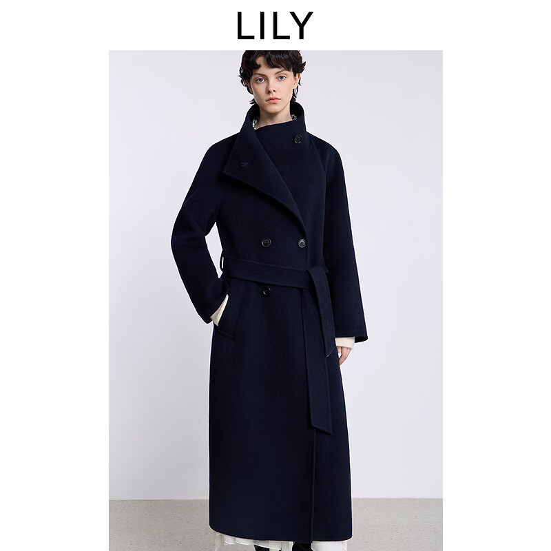LILY【大師法奢】煙囪領(lǐng)大衣LILY毛呢外套女2025冬季新款雙面綿羊毛 411藏青 M