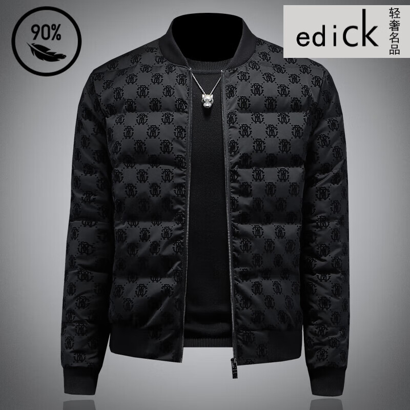 Edick意大利风品牌羽绒服男冬季潮牌植绒印花黑色棒球领时尚白鸭绒外套 黑色 M