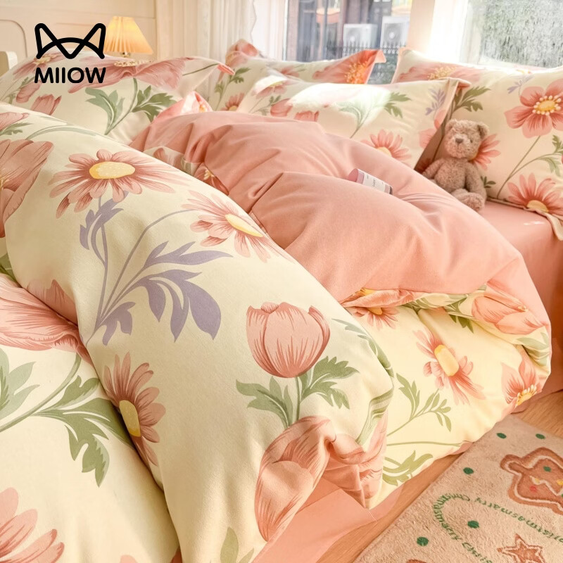 猫人（MiiOW）秋冬加厚磨毛床上四件套 卡通床单被套罩床笠单双人床品 花漾 1.8 床笠款 四件套（被套200*230cm）