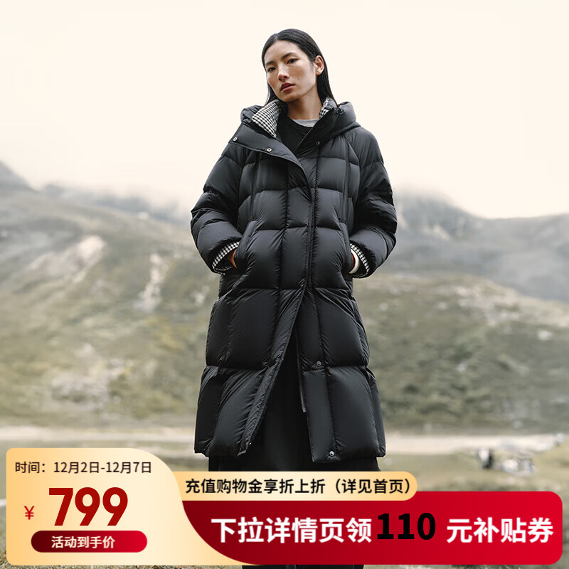 艾莱依羽绒服女士2025冬季新款千鸟格拼接泡芙羽绒服插肩袖设计显瘦外套 月夜黑 S 【建议80-110斤】155