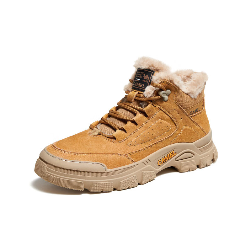 骆驼男鞋新款冬季加绒加厚保暖雪地靴防滑东北棉鞋休闲工装靴男款 G13W342071，驼色 38
