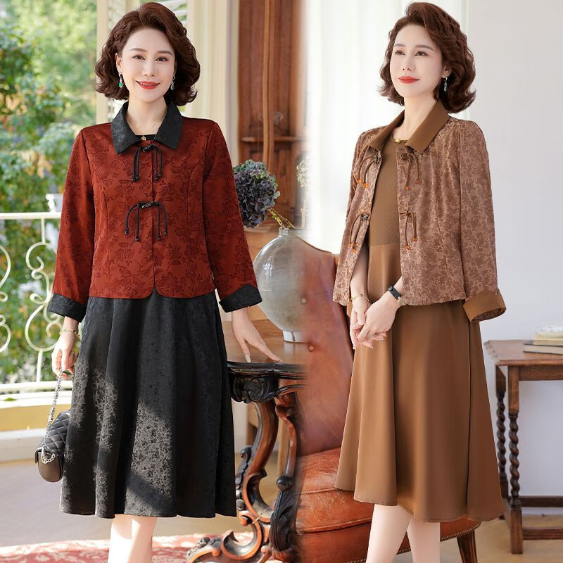 中国风妈妈装提花连衣裙套装中老年女装气质新中式外套裙子两件套 安哥拉红套装 【外套+裙子】 XL 【建议80-105斤】