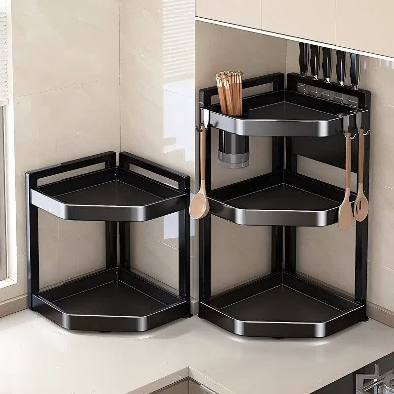 佳帮手厨房多功能置物架台面墙角转角三角形调料品调味料收纳层架子 2层中号通体碳钢+挂钩*3