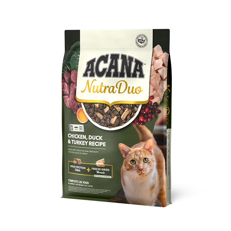 ACANA【新品上市】ACANA爱肯拿鸡/鸭肉双拼冻干倍护成猫粮1.58/4.08kg 鸭肉双拼倍护粮4.08kg-效期27/3