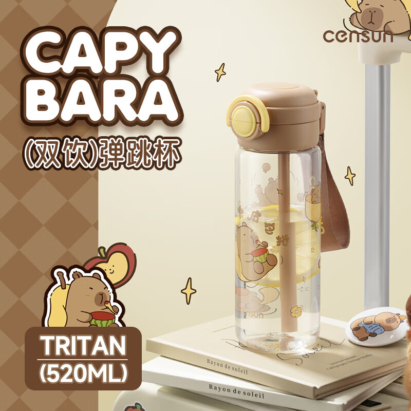 CENSUN学生tritan塑料杯减重柠檬杯夏季双饮水杯便携随手杯 卡皮巴拉色600ml