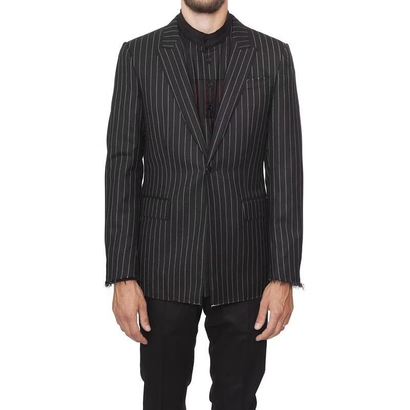 男士西装挺括抗皱条纹修身商务正式外套时尚 黑色