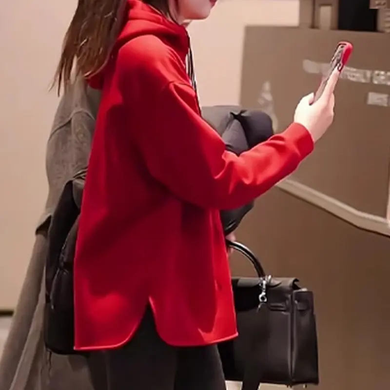 设计感半拉链时尚百搭连帽卫衣女冬季新款欧韩穿搭宽松不规则上衣 红色【加绒加厚】 L （建议120-140斤）