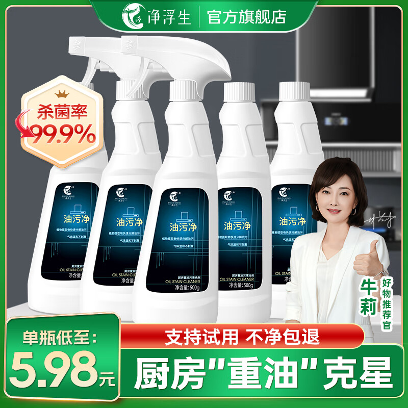 净浮生抽油烟机清洁剂油污净厨房去重油专用强力清洗剂泡沫油渍除垢神器 【去污除菌力达99.9%】5瓶+2喷头