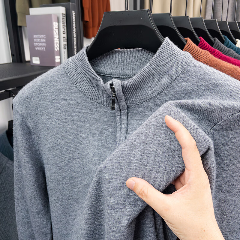 布卡澜琦男士秋冬新款长袖半拉链毛衣宽松休闲套头针织衫保暖加厚针织毛衣 MY007【中灰】 面料升级 XL /115/52（建议135-150斤）