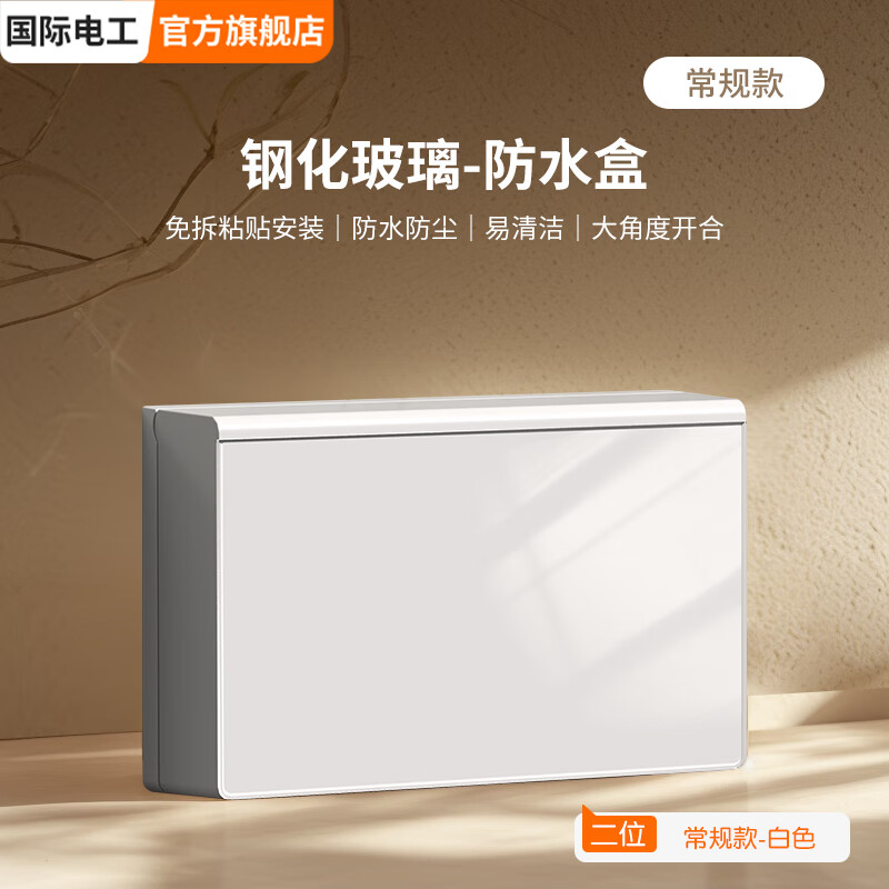 国际电工（FDD）大理石纹理钢化玻璃防水盒自粘免打孔超薄双联开关插座仿尘保护盒 常规二位防水盒（白色镜面）