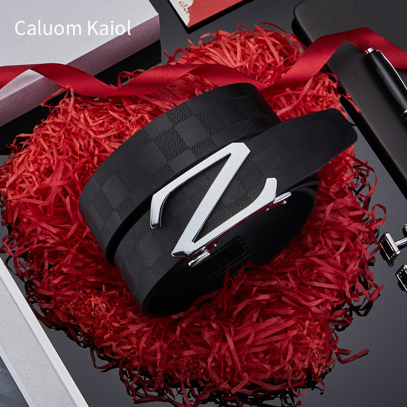 Caluom Kaiol品牌皮带男真皮自动扣鳄鱼纹男士牛皮裤腰带新年礼物送男友 【专柜礼盒】80128儒雅银色 110cm -130cm默认随机（可修剪）