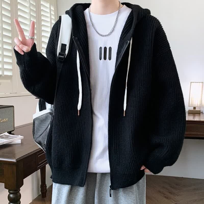 潮衫酷秋冬季潮流开衫毛衣外套男感休闲纯色大码宽松百搭连帽针织衫 黑色 M (建议95-115斤)
