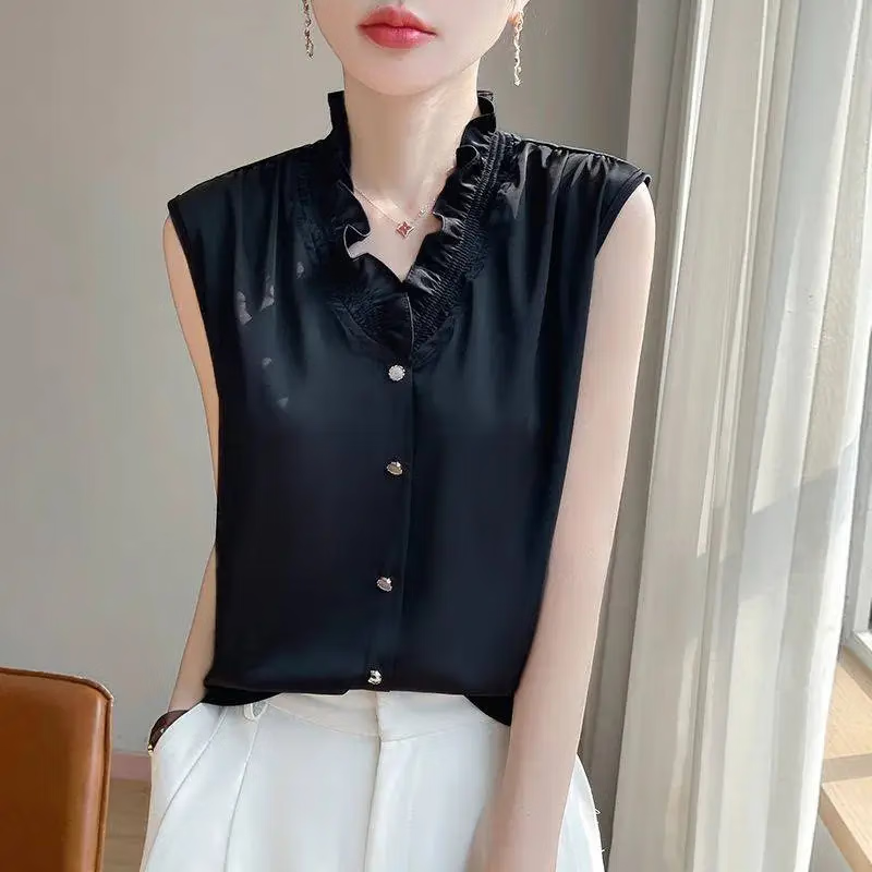【爆款轻奢】法式花边领V领无袖背心木耳边无袖衬衫女气质上衣 黑色 3XL （建议150-165斤）
