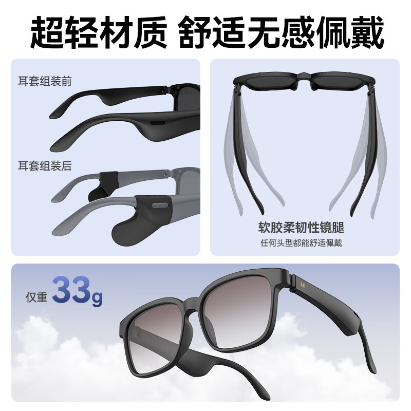 魔声(Monster)AGR1眼镜式蓝牙无线耳机智能二合一防蓝光长续航超低延迟音画同步高清护眼接打电话呼叫语音助手 墨睿黑【超低延迟+音画同步+8H续航】