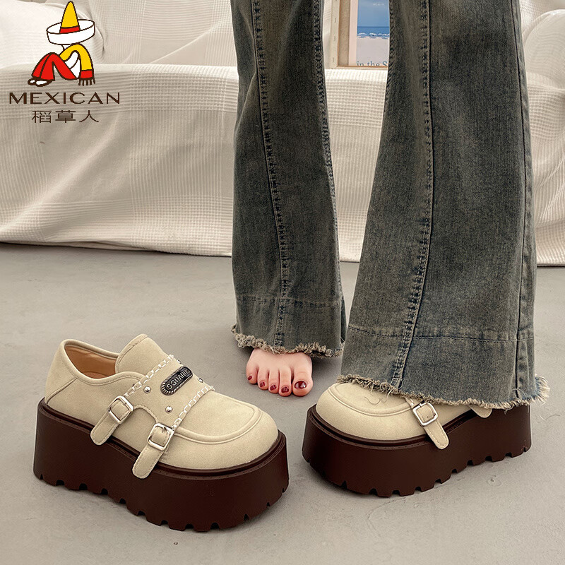 稻草人（MEXICAN）皮毛一体增高雪地棉鞋女冬季加绒加厚2026新款保暖面包厚底勃肯鞋 米色-单里 35