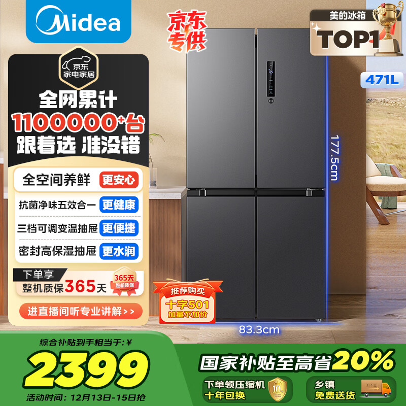 美的（Midea）471L十字门冰箱全空间养鲜抗菌净味一级能效风冷无霜双变频以旧换新BCD-471WSPZM(E)国家补贴