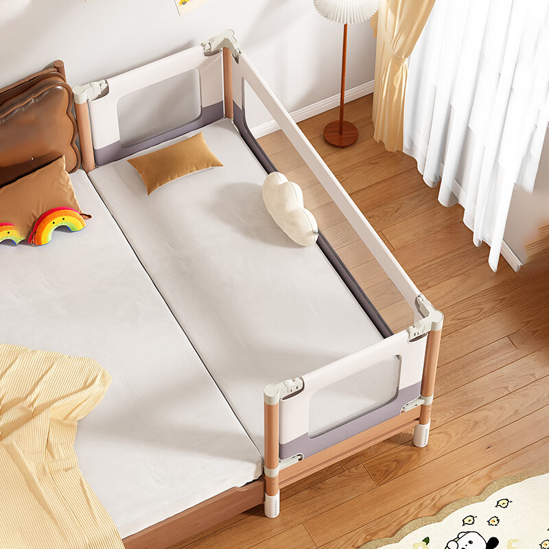 贝幸福 BAYLUCK榉木拼接床婴儿床实木儿童床加宽小孩床边床加高护栏可升降可拆洗 单床(三面护栏)+10cm可拆洗空气纤维床垫 200*100CM【三面护栏可升降可拆洗】