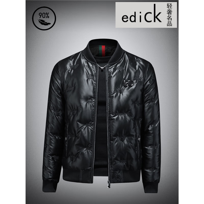 Edick意大利风品牌高端羽绒服男外套冬季潮流刺绣短款加厚棒球羽绒夹克 哑光黑 M (100-120斤）