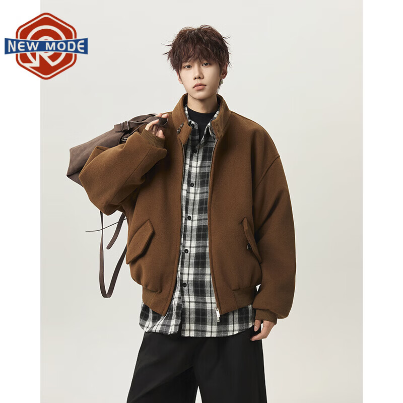 NEW OR MODE韩版立领加棉毛呢大衣男冬季新款加厚保暖宽松设计感短款棉服风衣 咖啡色 M 【建议90-110斤】