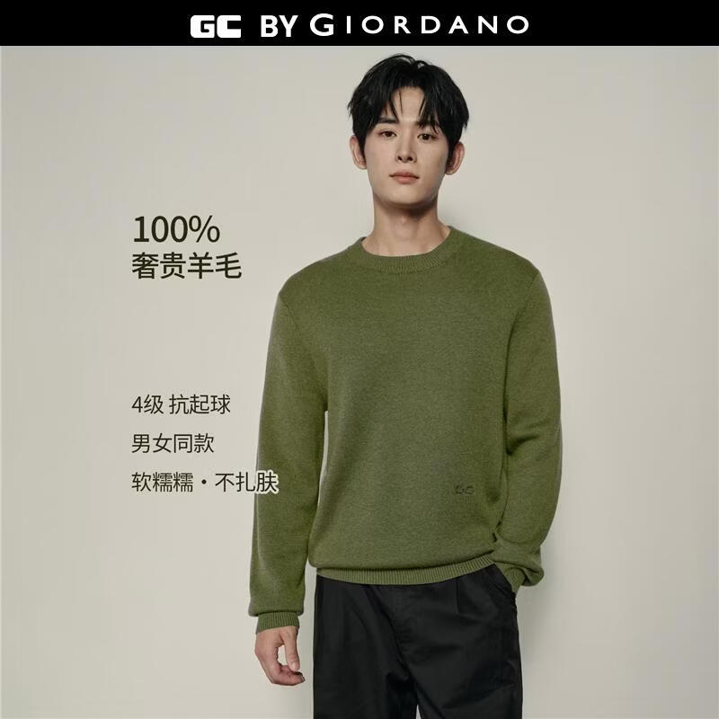 GIORDANO CONCEPTS 秋冬新款针织衫男女同款纯羊毛衫刺绣宽松圆领套头毛衣12055607 32泥炭鲜绿 XS