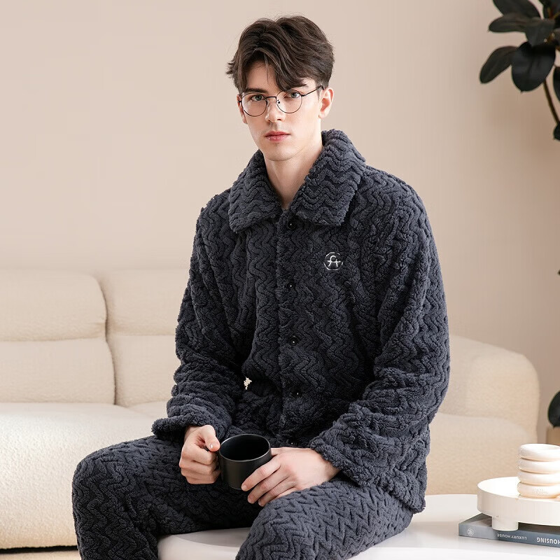 芬腾睡衣男士【加厚双面暖绒】秋冬季开衫翻领宽松保暖家居服套装 灰蓝 XL