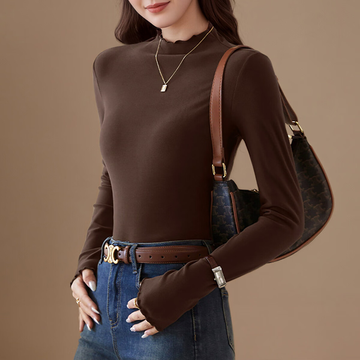 六月玫瑰【双面磨毛】2件装秋冬木耳边半高领内搭高级感大码打底衫女外穿 杏+咖 2XL （125-145斤）