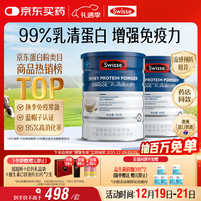 Swisse斯维诗蓝帽乳清蛋白粉 中老年增强免疫力术后恢复 药店同款450g*2