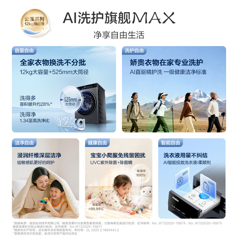 海尔（Haier）云溪4.0全自动滚筒洗衣机12KG 1.34高洗净比 525大筒径 活水精华洗紫外除菌 换新补贴BLEU582HU1 滚筒单洗