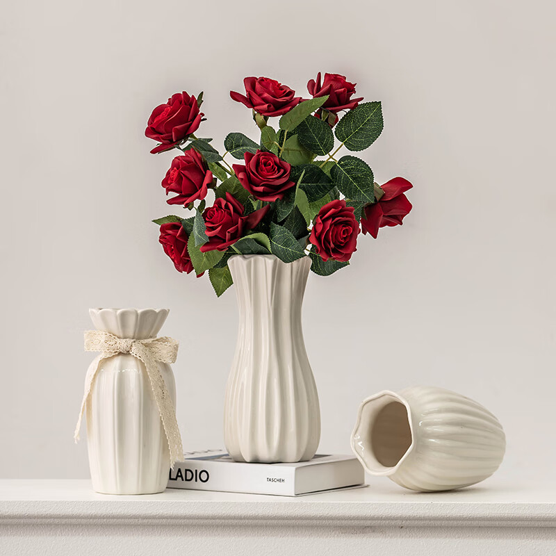 OYKTN欧式玫瑰插花花瓶白色简约陶瓷花器客厅餐桌干花鲜花水培装饰摆件 XQ-花泽【中号】没有花
