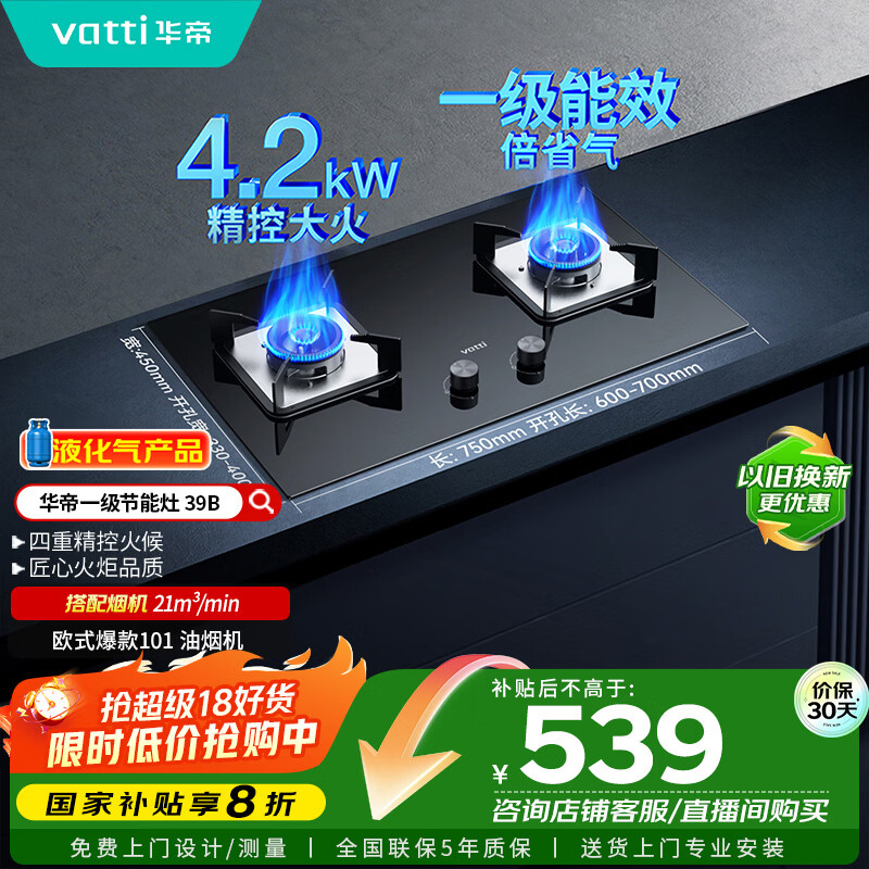 华帝（VATTI）【液化气商品】国家补贴20%燃气灶液化气家用台式嵌入式两用4.2kW大火力煤气灶双灶台灶具i10039
