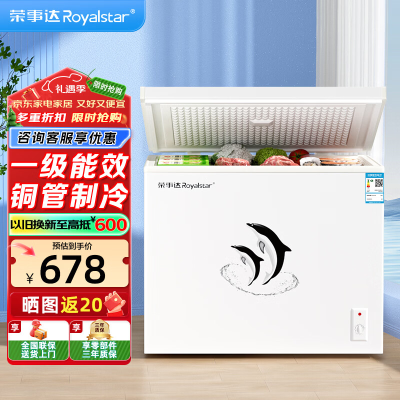 荣事达(Royalstar)冰柜商用大容量全冷冻卧式冰柜家用冷藏冷冻两用冷柜双温商用大冰柜冷冻柜展示柜 228升单温【一级能效】