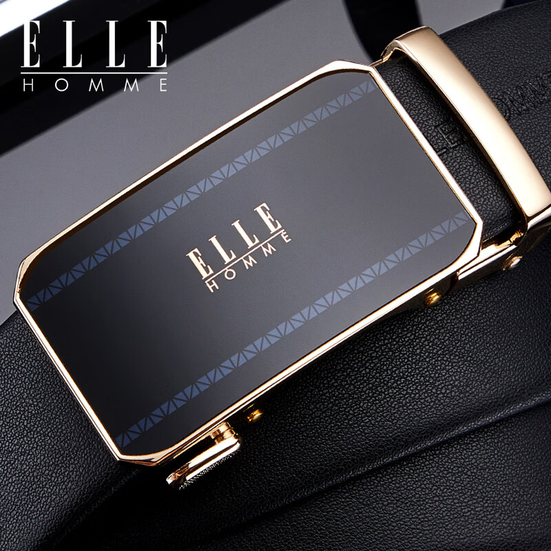 ELLE HOMME法国男士皮带男头层牛皮男士腰带真皮自动扣圣诞礼物送男友老公 【专柜礼盒】902079A金色/细纹带身 110cm -130默认随机(可修剪)