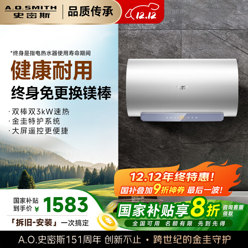 史密斯（A.O.SMITH）佳尼特60升国家补贴电热水器 金圭内胆包8年 双棒分离速热 免更换镁棒 CTE-60JC1