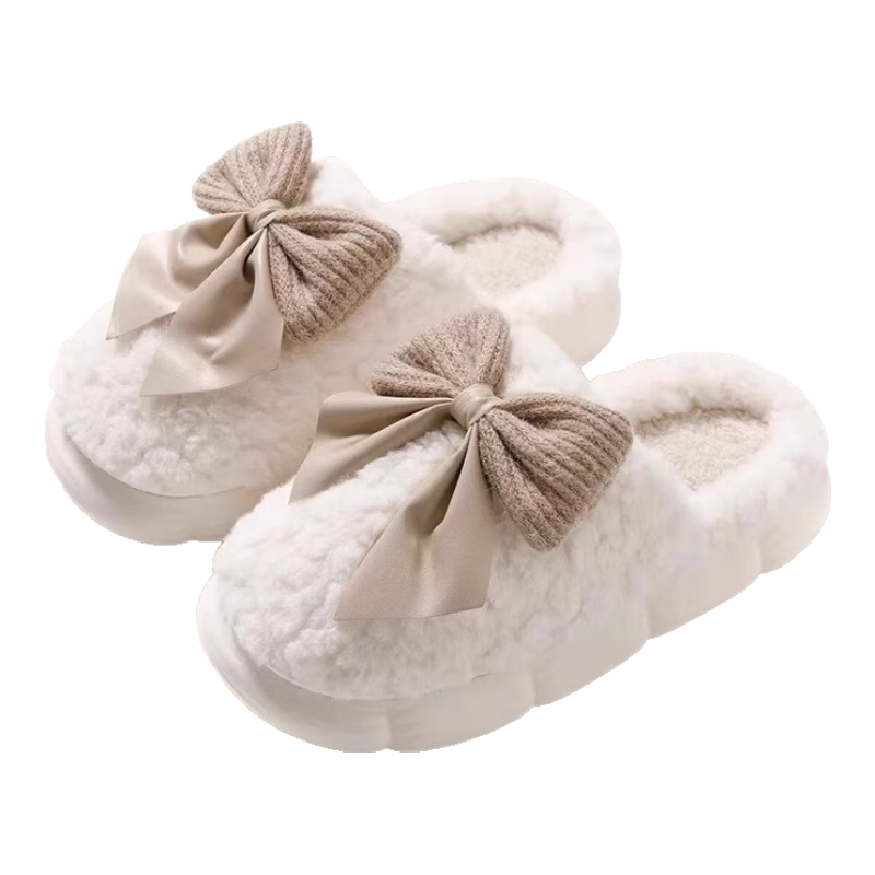 活动款--蝴蝶结拖鞋女士秋冬季冬季居家防滑室内保暖加绒厚底家用 卡其色 38-39 【建议拍大一码】