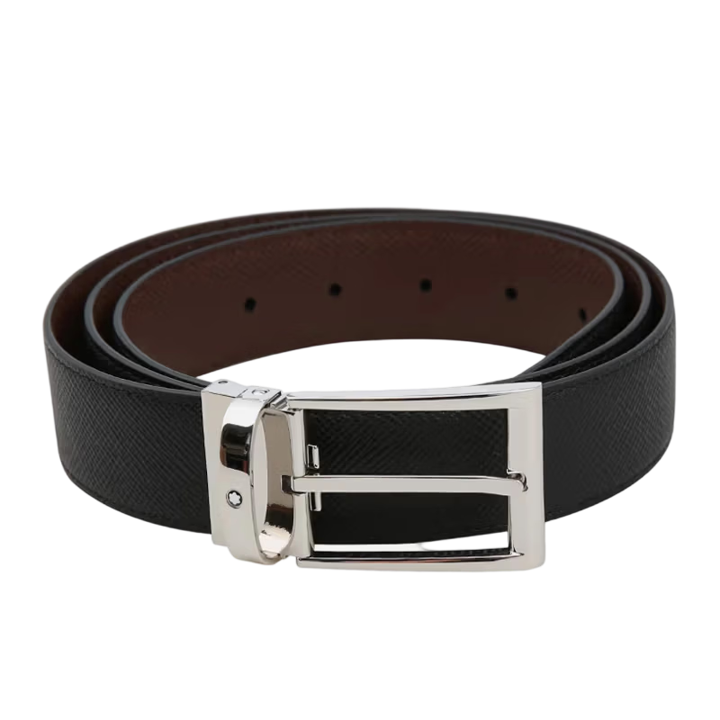 萬寶龍MONTBLANC 梯形鍍鈀針扣黑棕雙面皮帶/腰帶3.5cm118436新年禮物