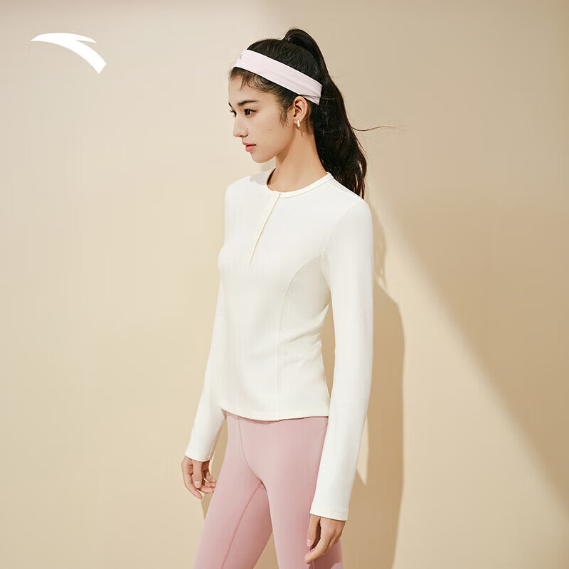 安踏超模T丨加绒小蛮腰修身长袖亨利衫长t恤女夏季打底衫内搭上衣 香草白-1 【公主线设计】 S (160) /适合90-110斤